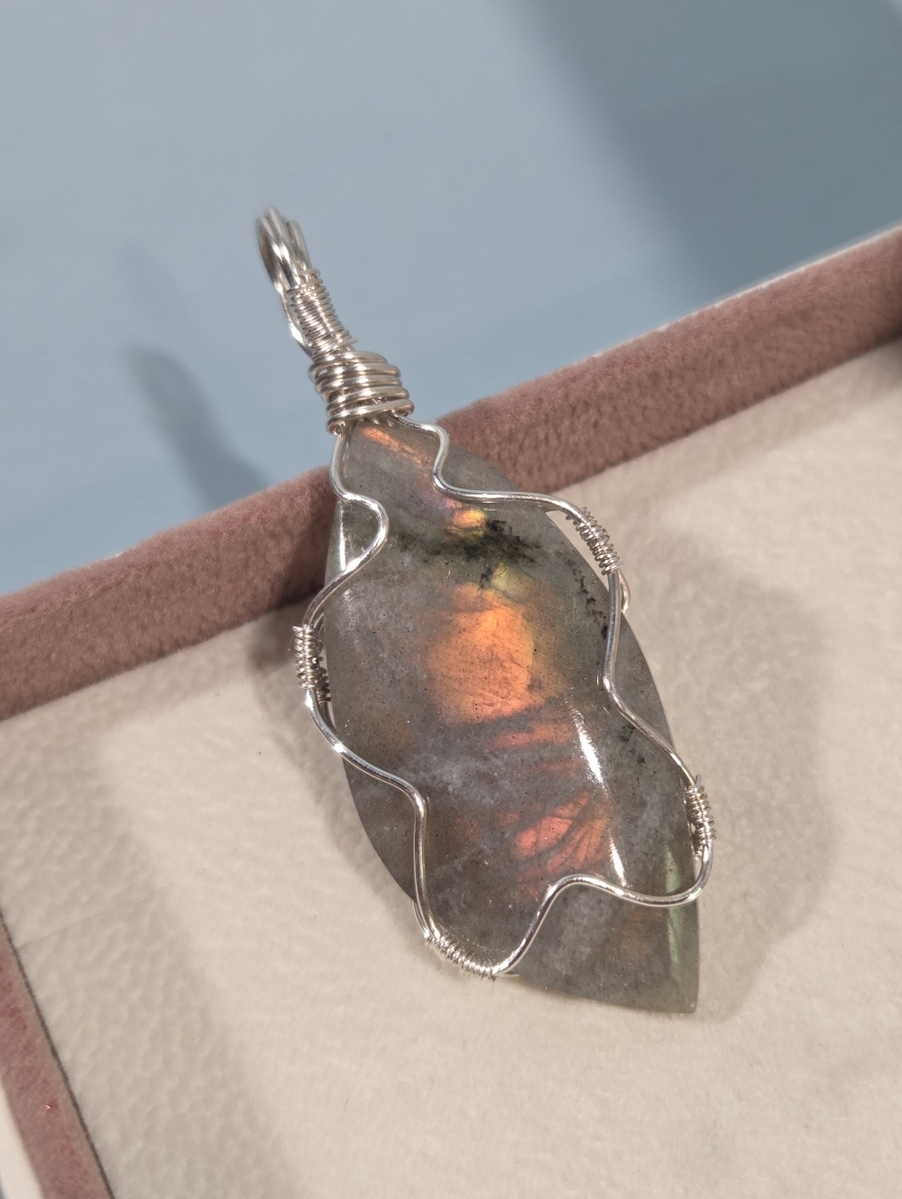 Genuine 999 Fine Silver Wirewrapped Pendant With Natural Sunset Labradorite